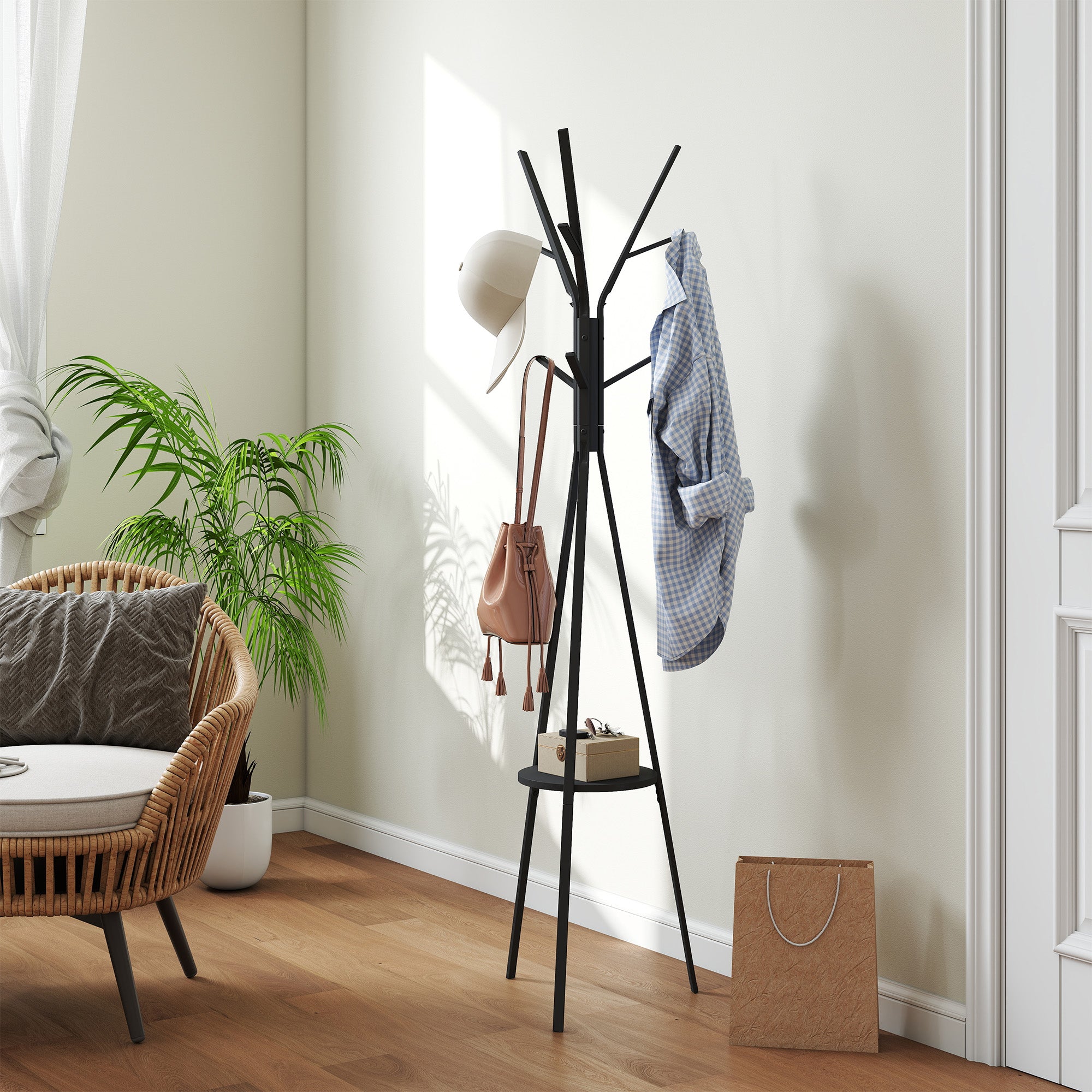 HOMCOM Freestanding Metal Coat Rack Stand 9 Hooks Clothes Tree with 1 Shelf Hat Display Hall Tree Hanger Bag Umbrella Hanging Organiser Black